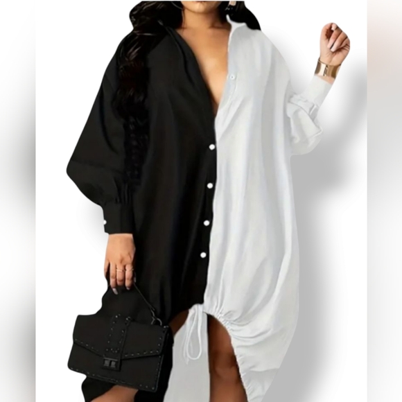 🛑BOGO FREE 🆕Chic Collared Drawstring Hem Shirt Dress - Picture 10 of 11